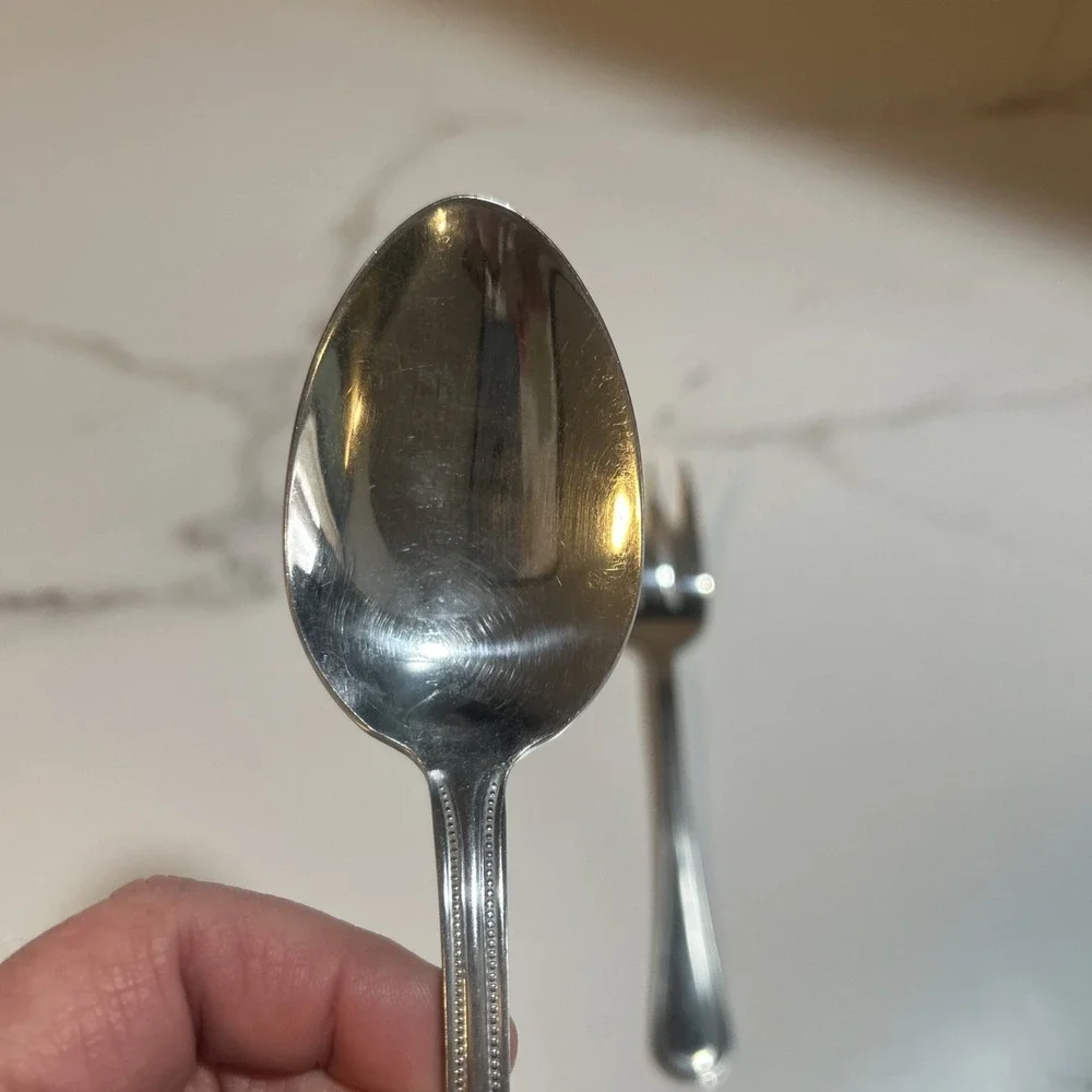 Gibson 18/0 Stainless Flatware‎ Glossy BEADED Pattern Serving Spoon, And Fork
